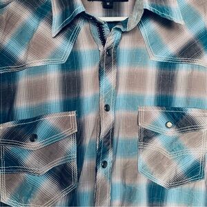 Rock & Roll men’s long sleeve button-down shirt, plaid blue grey white black